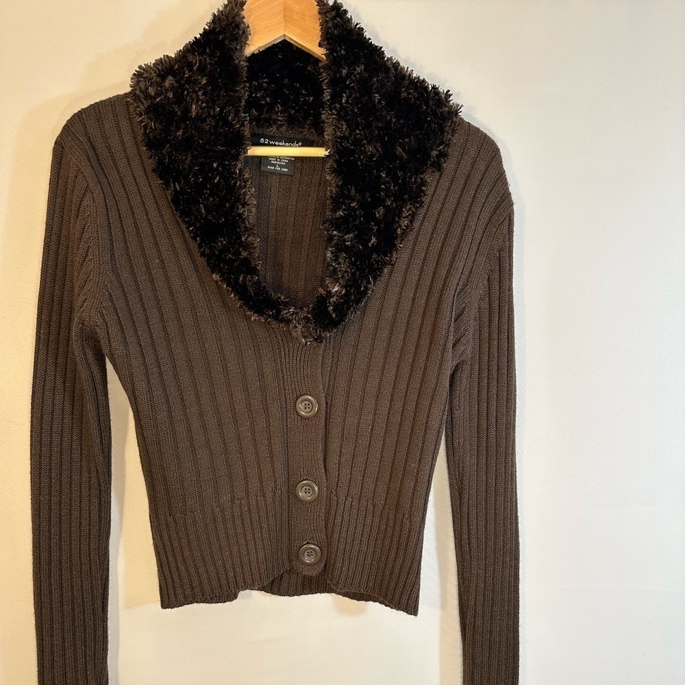 52 Weekends Sweater Cardigan Womens Size L Knit Fury Trim Collar Sleeve Stretchy - Picture 2 of 13